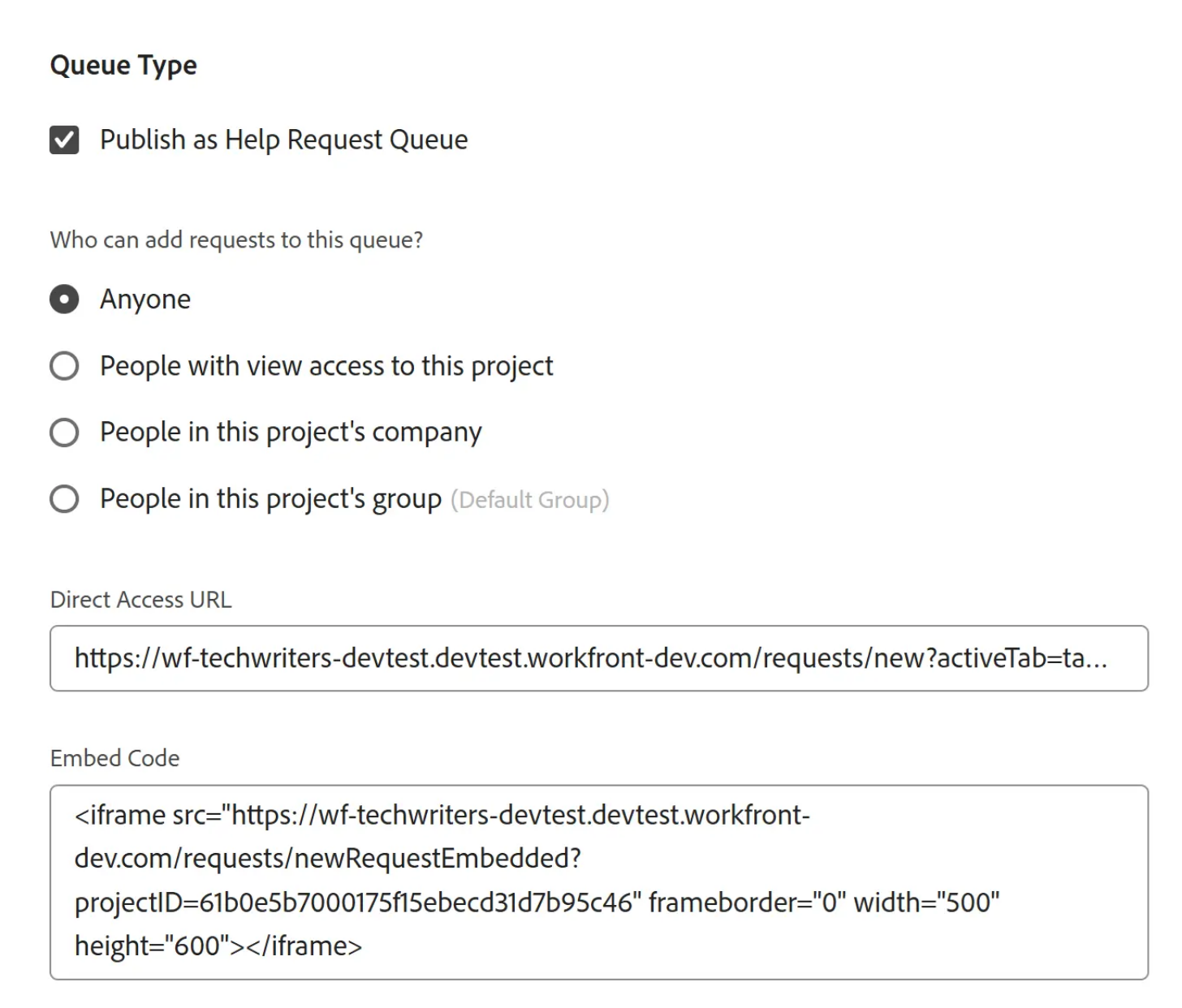 Workfront Queue Type settings with Publish as Help Request Queue, requester access options and an embed code.