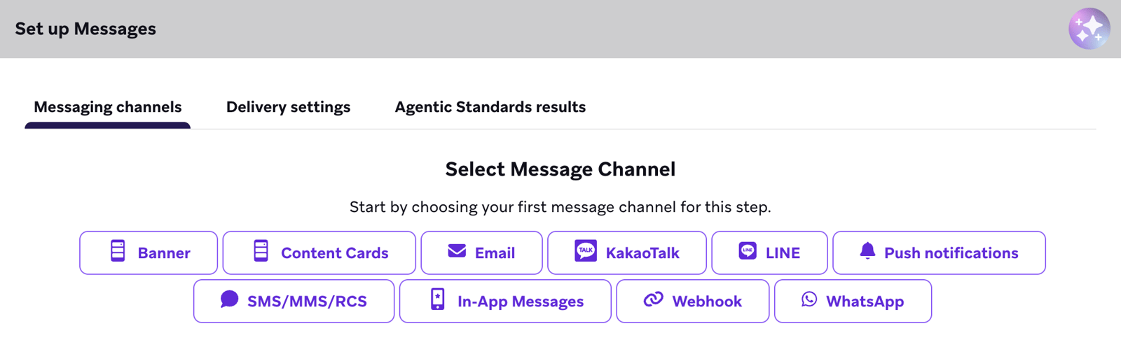Braze Canvas Message step with the channel picker: Banner, Content Cards, Email, KakaoTalk, LINE, push, SMS/MMS/RCS, in-app, webhook and WhatsApp