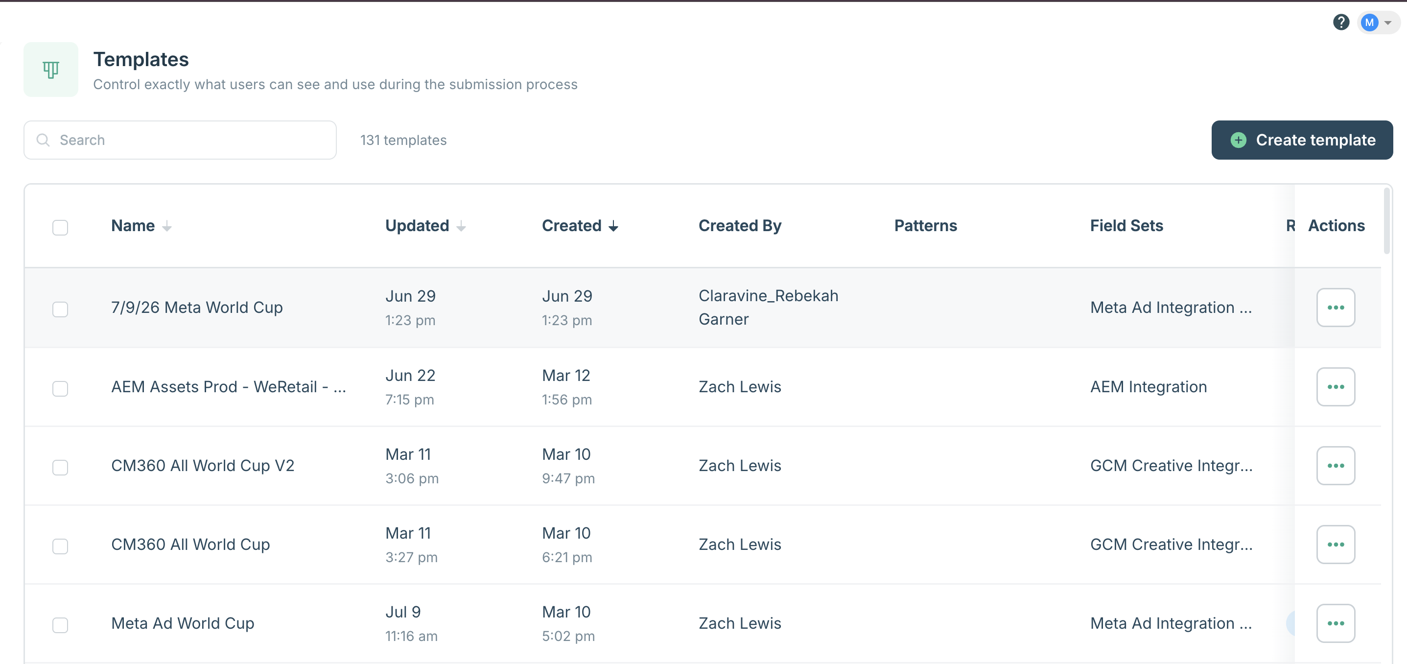Claravine Templates list showing campaign templates for Meta, CM360 and AEM with their field sets and creators.