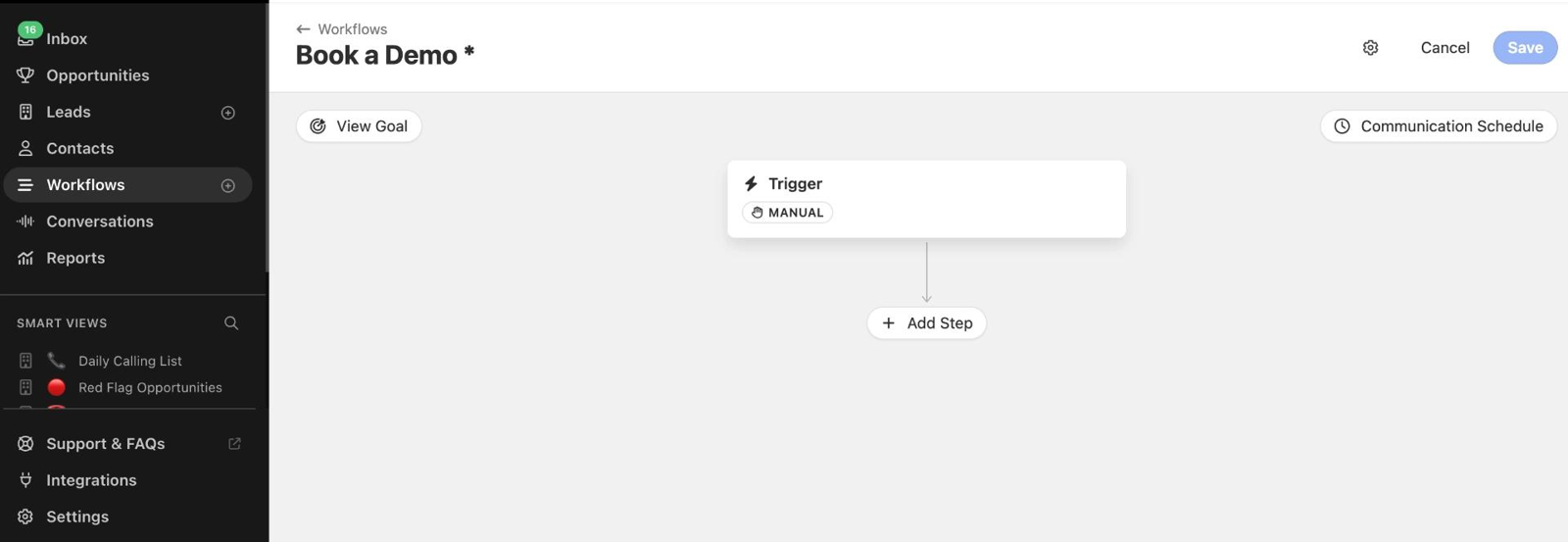 Close workflow builder canvas for a Book a Demo workflow with a trigger node, add step button and communication schedule