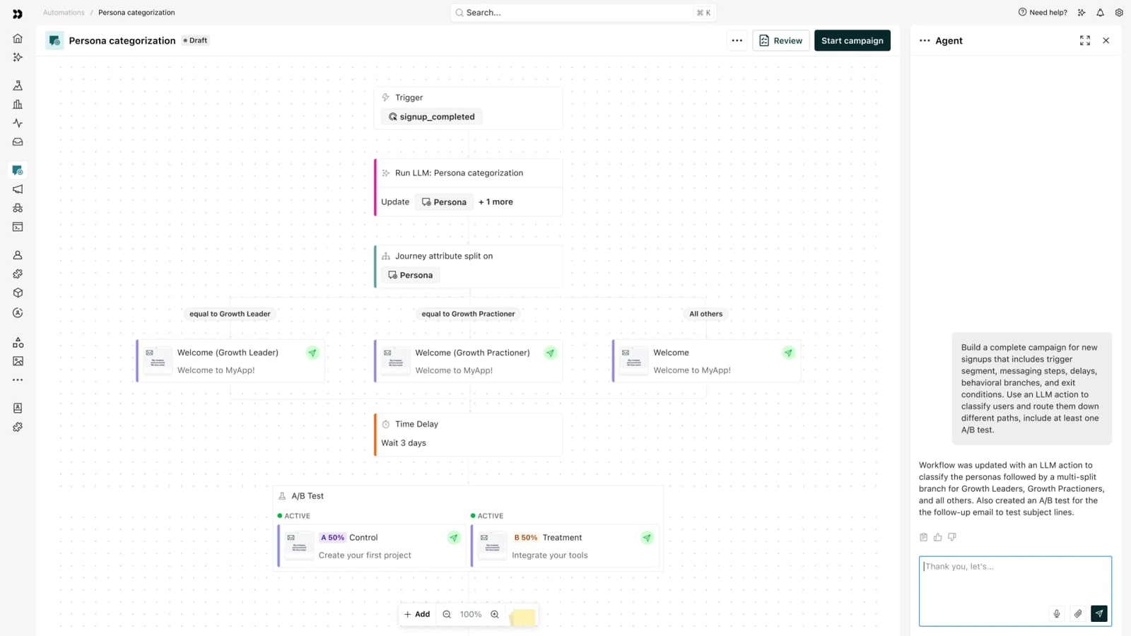 Customer.io workflow builder with a signup trigger, attribute branches, time delay and an A/B test split
