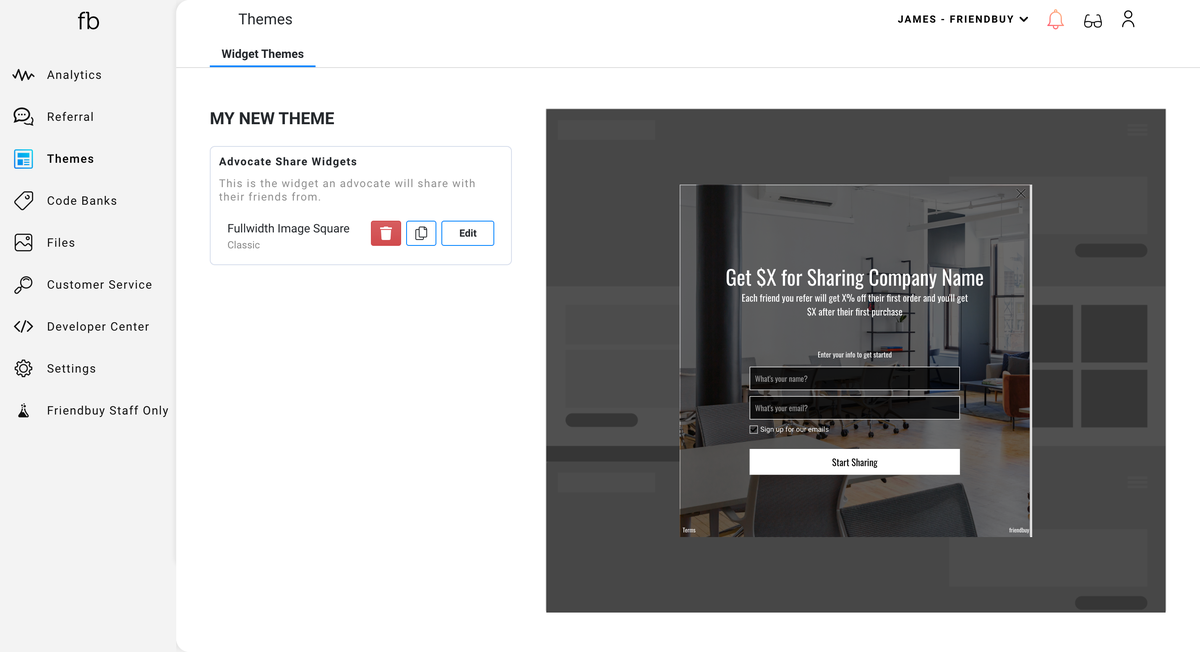 Friendbuy dashboard on the Themes page with a left navigation menu, a Widget Themes list with one advocate share widget, and a preview of the widget.