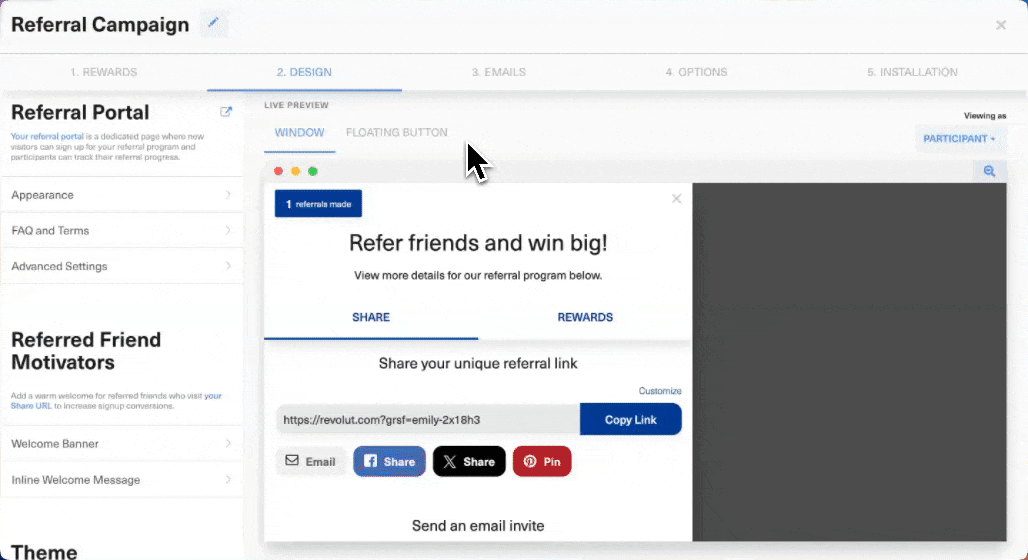 GrowSurf campaign editor on the Design step, showing the Referral Portal settings on the left and a live preview of the share widget with a referral link and share buttons.