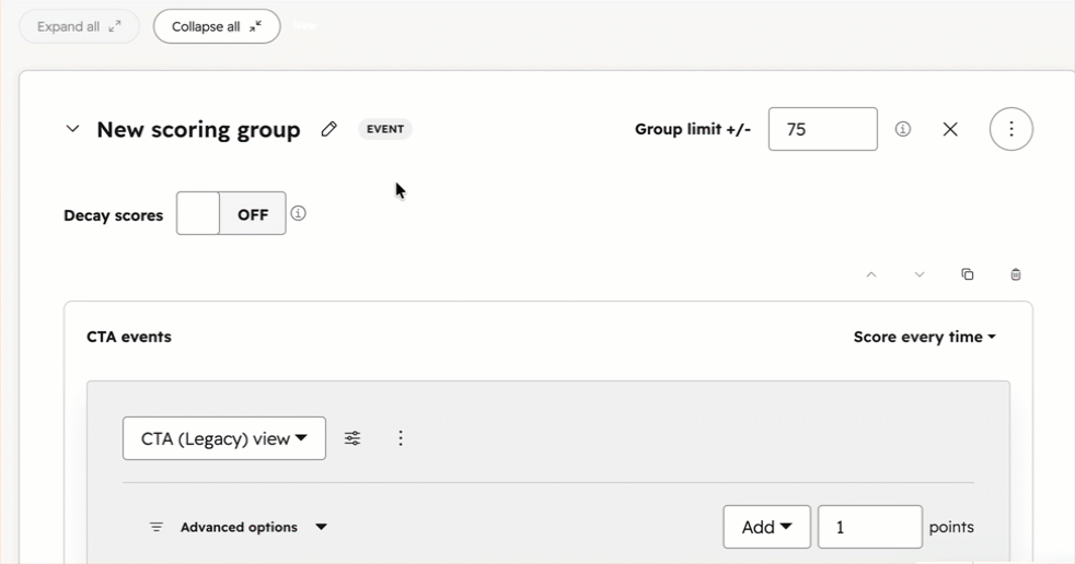 HubSpot lead score editor with an event scoring group, a group limit of 75, a decay toggle and points per CTA view.