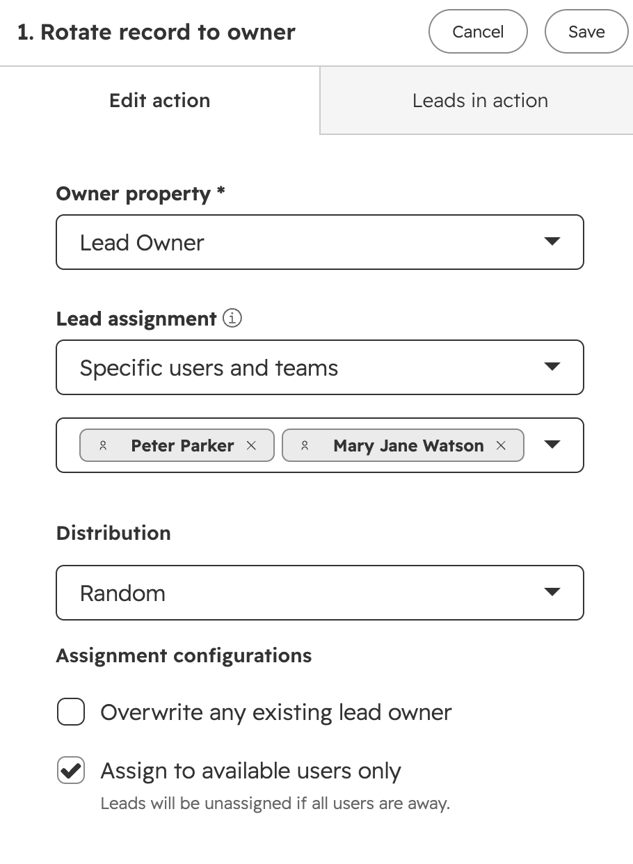 HubSpot workflow action Rotate record to owner for leads, with Lead Owner, specific users, random distribution and an available-users-only option