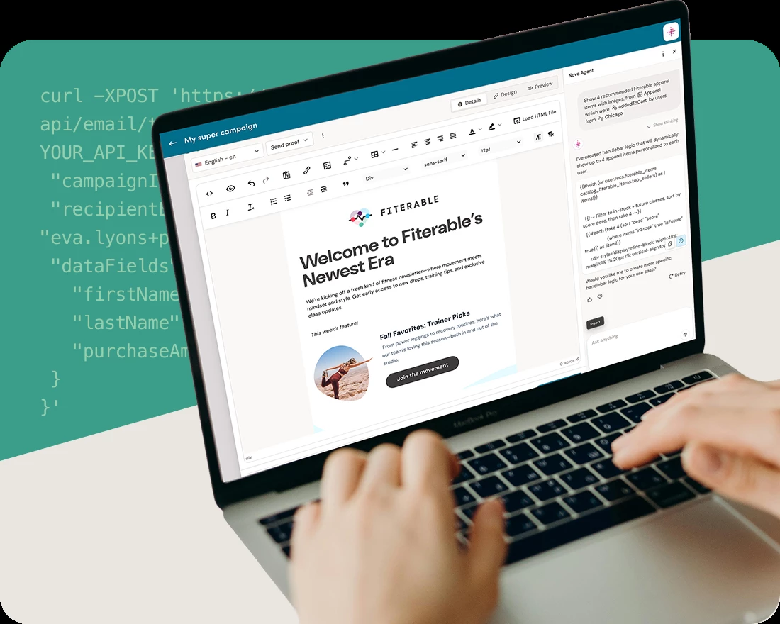 Iterable campaign editor open on a laptop, with an email template and an API call to send it