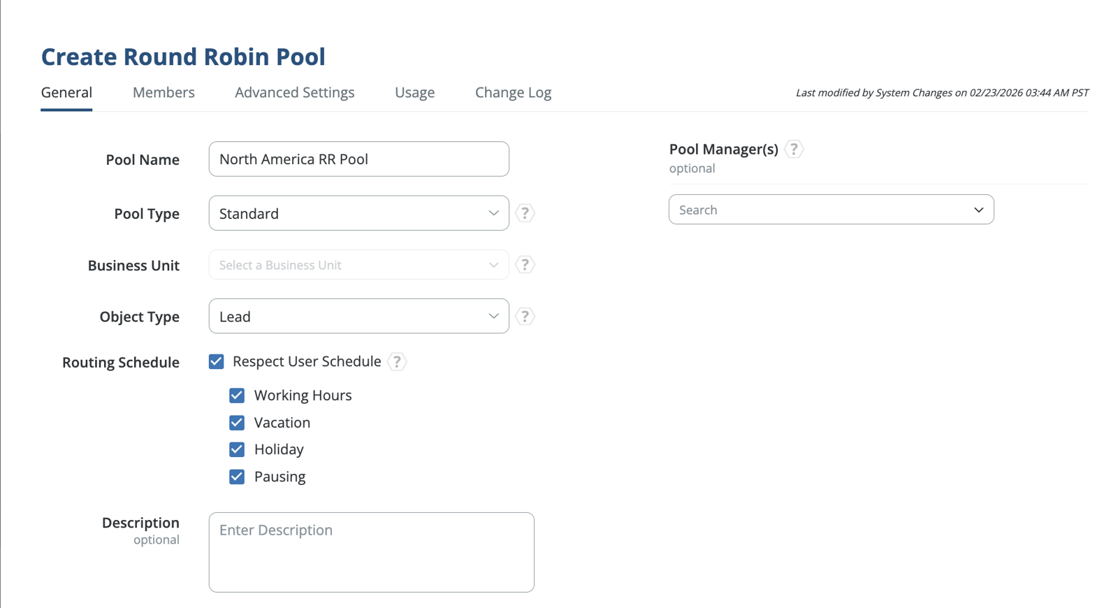 LeanData Create Round Robin Pool form with pool name, pool type Standard, object type Lead and routing schedule options