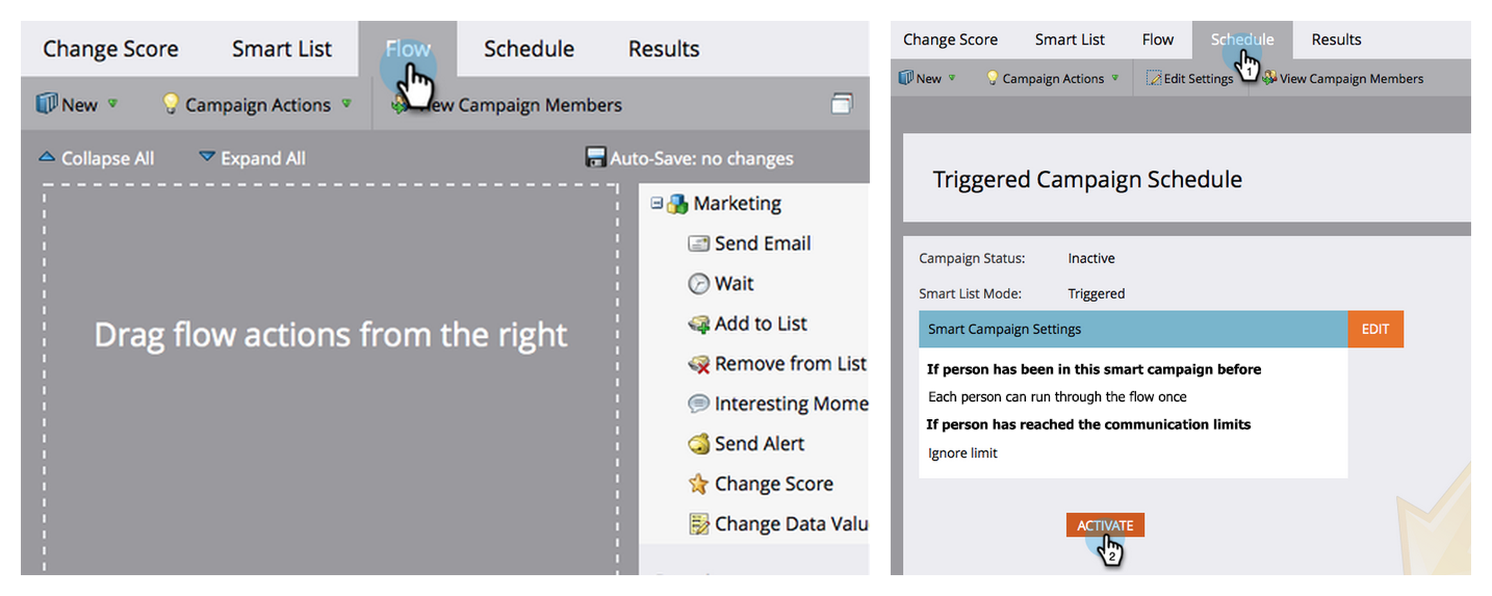 Marketo Engage Smart Campaign Flow tab with its action palette, including Change Score, next to trigger schedule settings.