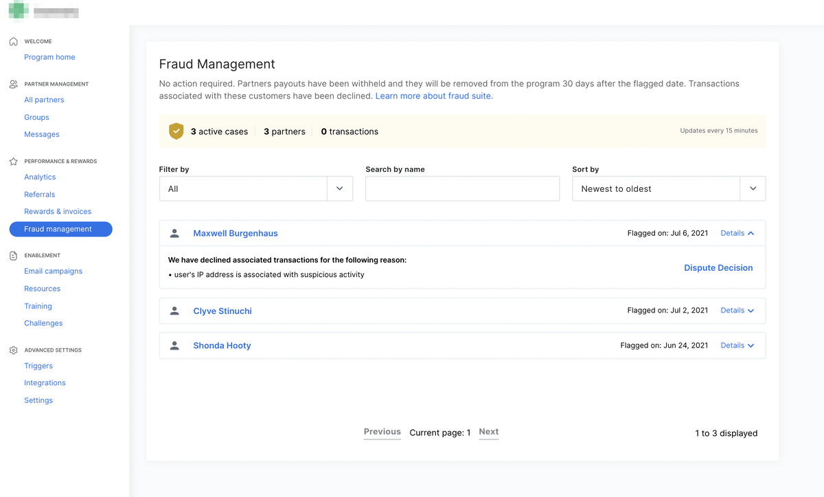 PartnerStack Fraud Management page showing active fraud cases, filter and sort controls and a list of flagged partners, with a left menu for partner management and rewards.