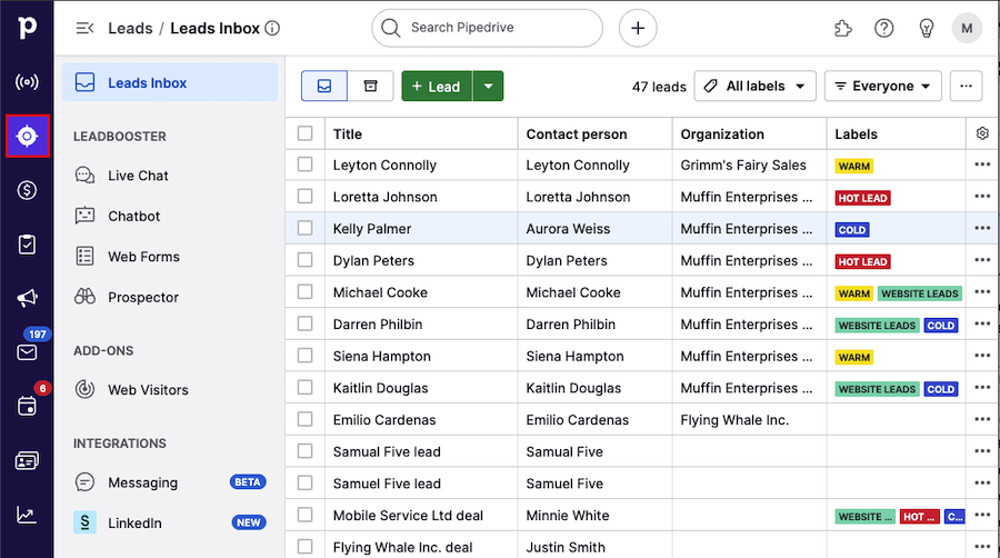 Pipedrive Leads Inbox listing leads with person, organization and labels, and a sidebar showing the LeadBooster channels