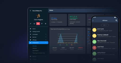 Post Affiliate Pro dashboard with a side menu, tiles for clicks and pending commissions, a transactions chart and a mobile view of an affiliate list.