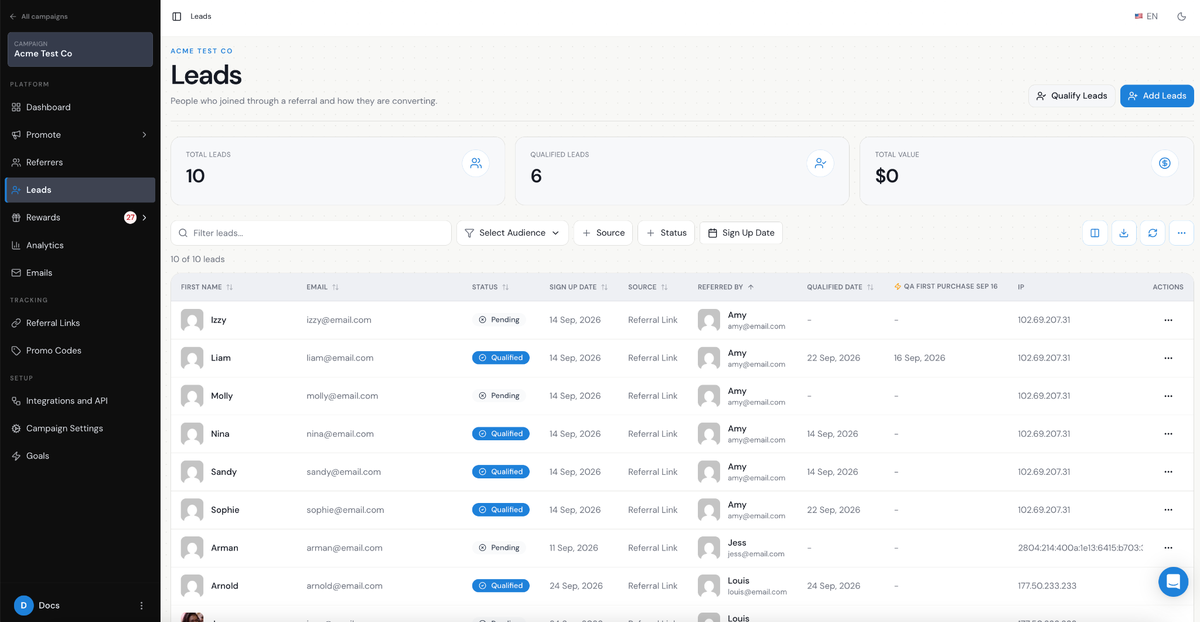 Referral Factory Leads page for a campaign, showing totals for leads, qualified leads and value above a table of referred leads with status, source and referrer.