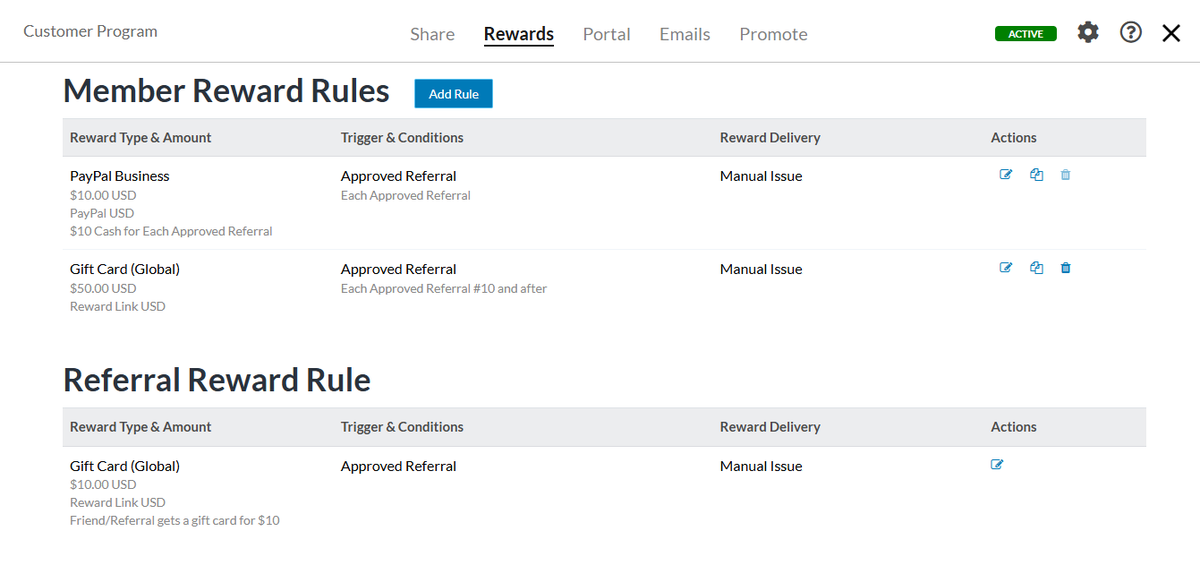 Referral Rock program editor on the Rewards tab, listing member reward rules and a referral reward rule with reward type, trigger, delivery and actions.