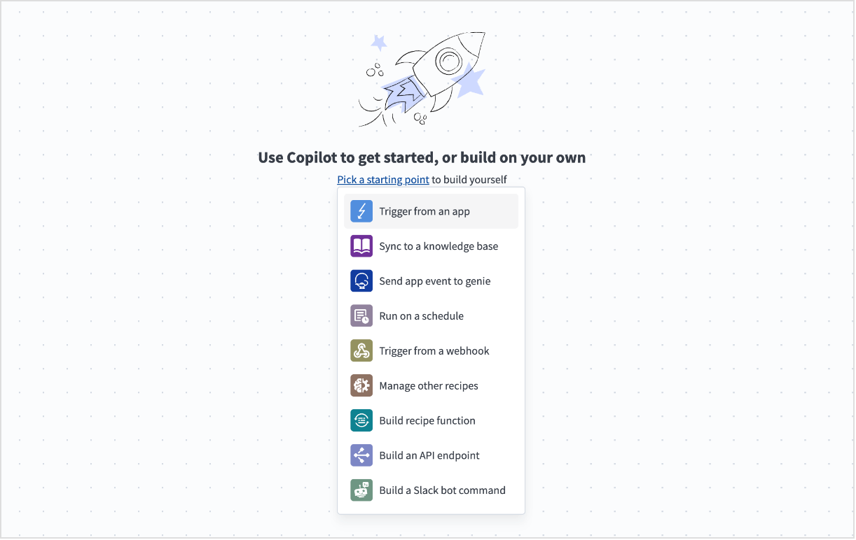 Workato recipe builder start screen with starting points such as Trigger from an app, Run on a schedule and webhooks.