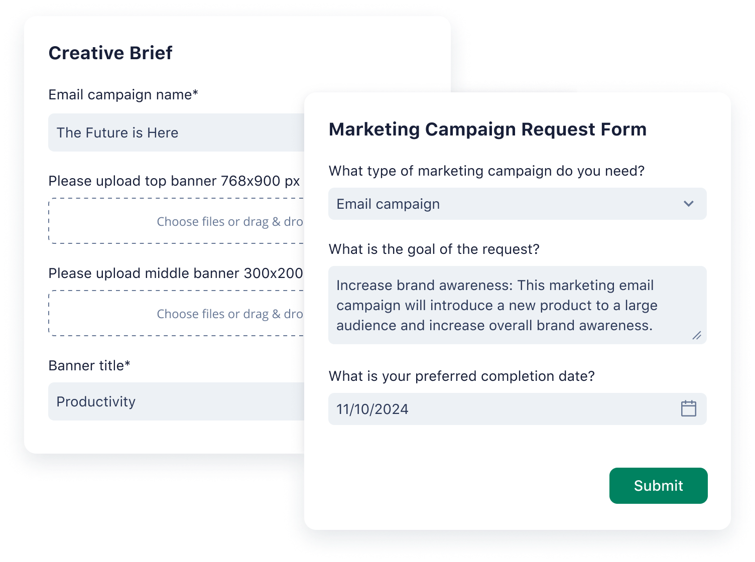 Wrike creative brief and marketing campaign request form with campaign type, goal and completion date fields.