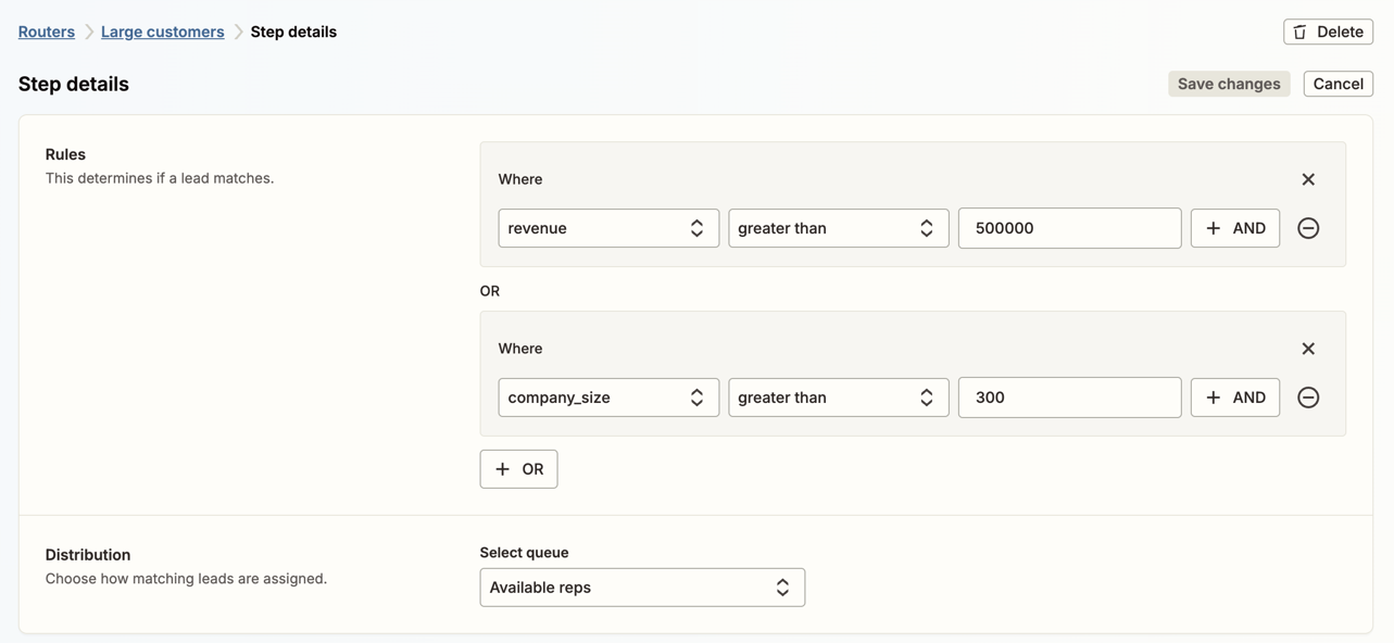 Zapier Lead Router step with a rule builder (revenue greater than 500000 or company size greater than 300) and a queue selector set to available reps